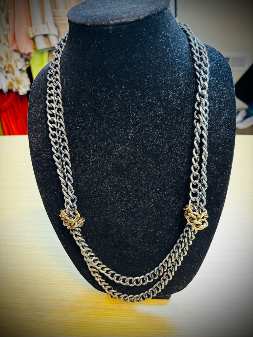 J. Crew Two Tone Knotted Double Strand Chain Necklace Gunmetal Gold Curb Link